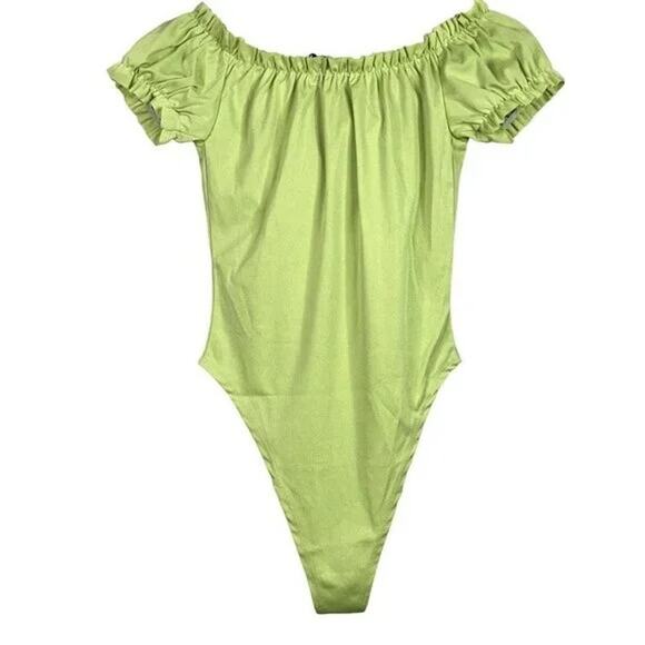 NEW Ruffled Off Shoulder Tie Key Hole Bodysuit Puff Sleeves Snap Crotch S Green - Picture 13 of 14